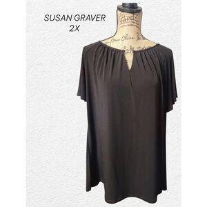 Susan Graver Black Flutter Sleeve Top with Keyhole Neck Size 2X